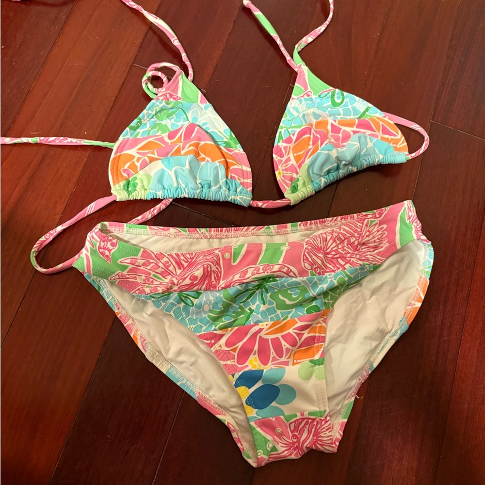 Lilly Pulitzer Pink Green Blue Orange Floral Bikini Set Size 4